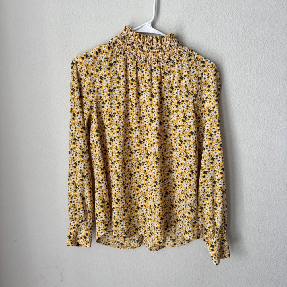 Glamorous Petite Yellow Ditsy Floral Smocked Mock Neck Long Sleeve Blouse Size 4